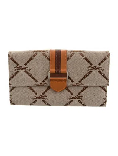 Pre-owned Longchamp Canvas Patterned Continental Wallet In Neutrals