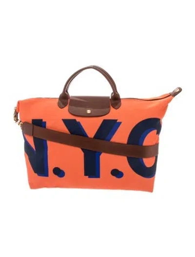Pre-owned Longchamp Canvas Weekender Bag In Brown/orange