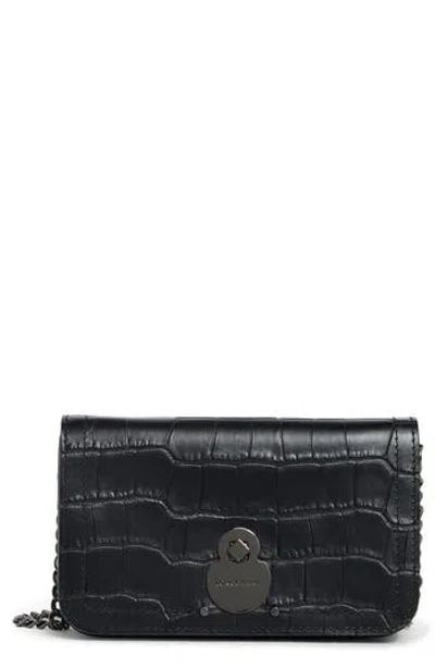 Longchamp Cavalcade Croc Embossed Leather Wallet On A Chain In Black