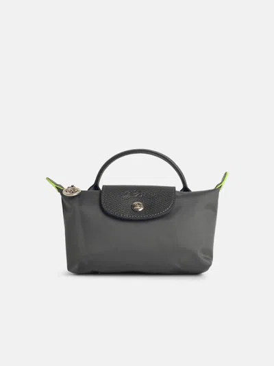 Longchamp Clutch Bag With 'le Pliage Green' Handle In Graphite Recycled Tela