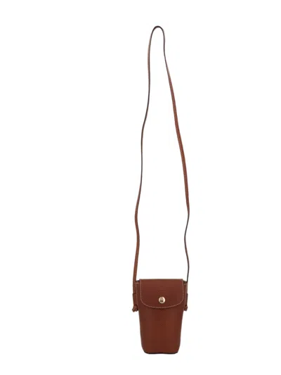 Longchamp Compact Brown Bovine Leather Phone Case With Adjustable Strap
