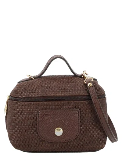 Longchamp Compact Brown Textured Shoulder Bag From Le Pliage Xs Collection In Grey