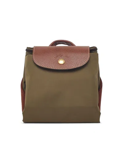Longchamp Compact Olive Tela Backpack With Leather Flap And Adjustable Straps In Brown