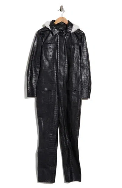 Longchamp Croc Embossed Leather Trousers With Shearling Trim In Black