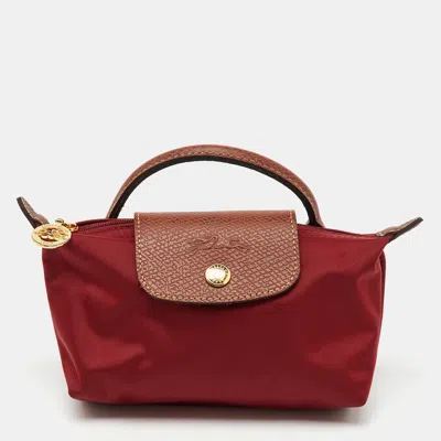 Pre-owned Longchamp Dark Red/brown Nylon And Leather Le Pliage Handle Pouch
