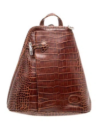 Pre-owned Longchamp Embossed Leather Backpack In Brown