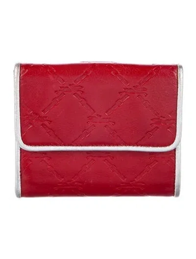 Pre-owned Longchamp Embossed Leather Compact Wallet In Red