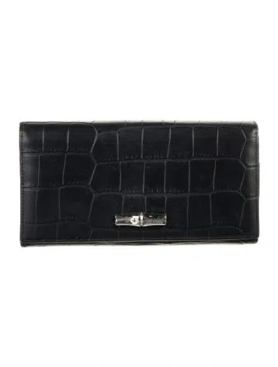 Pre-owned Longchamp Embossed Leather Continental Wallet In Black