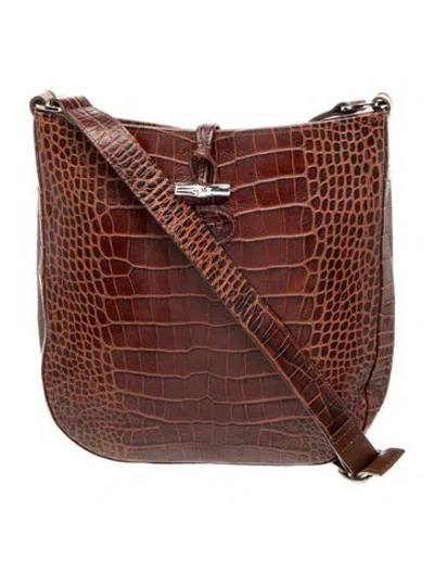 Pre-owned Longchamp Embossed Leather Messenger Bag In Brown