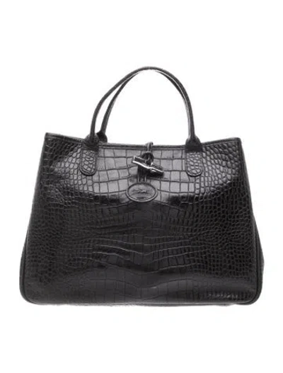 Pre-owned Longchamp Embossed Leather Top Handle Bag In Black