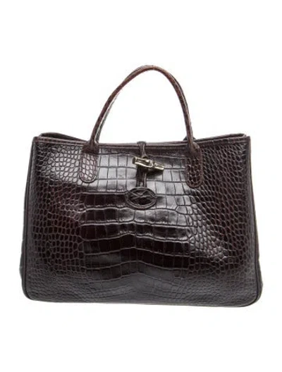 Pre-owned Longchamp Embossed Leather Top Handle Bag In Black
