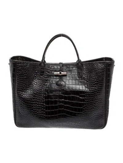 Pre-owned Longchamp Embossed Leather Top Handle Bag In Black