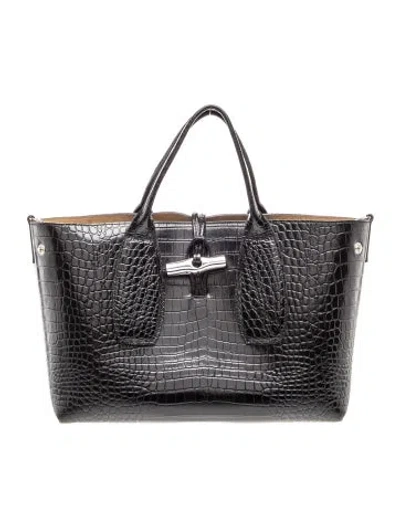 Pre-owned Longchamp Embossed Leather Top Handle Bag In Black