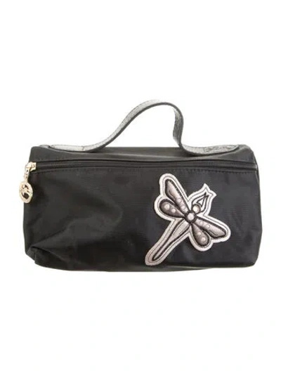 Pre-owned Longchamp Embroidered Cosmetic Bag In Black
