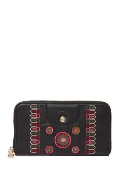 Longchamp Embroidered Leather Zip Around Wallet