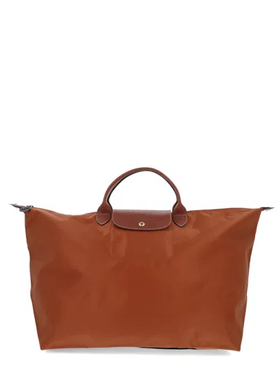 Longchamp Foldable Nylon Tote Bag With Leather Trim In Brown