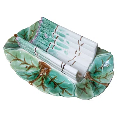 Pre-owned Longchamp French 19th Century  Majolica Asparagus Tray With Foliage Platter In Blue