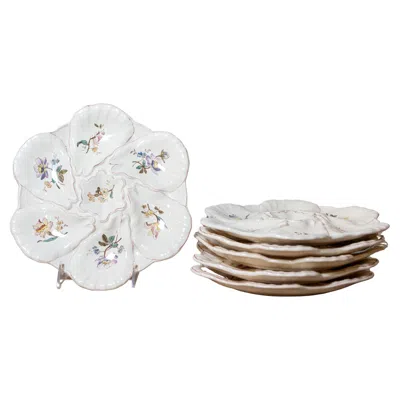 Pre-owned Longchamp French 19th Century  Majolica Oyster Plate With Painted Floral Décor In Gray