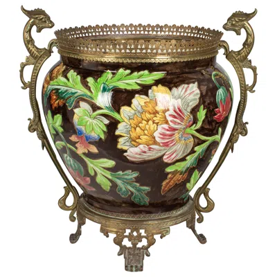 Pre-owned Longchamp French Art Nouveau  Bronze Mounted Ceramic Planter In Gold