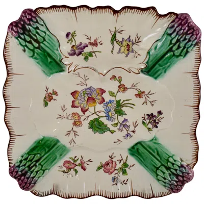 Pre-owned Longchamp French Faïence  Terre De Fer Hand-painted Asparagus Plate In Brown