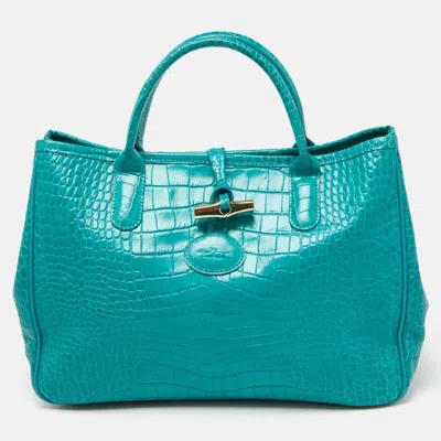 Pre-owned Longchamp Green Croc Embossed Leather Roseau Tote