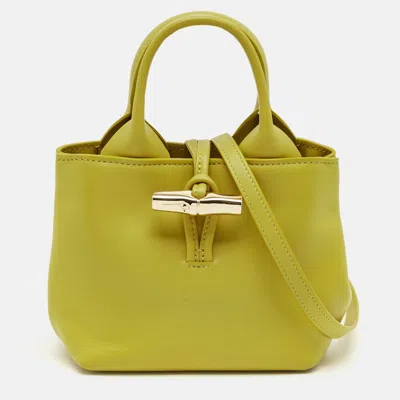 Longchamp Green Leather Xs Le Roseau Tote In Yellow
