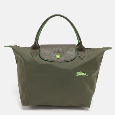 Longchamp Green Nylon And Leather Small Short Le Pliage Tote In Yellow