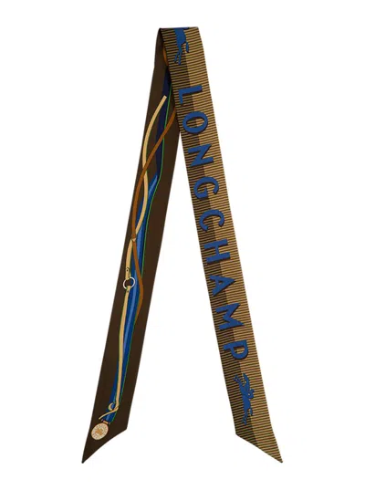 Longchamp Green Scarf With Logo Lettering Print In Silk Woman In Multi