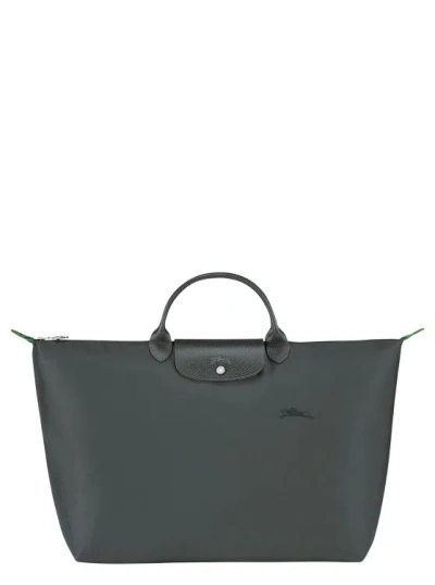 Longchamp Grey Tote Bag With Embossed Logo And Leather Trim In Canvas