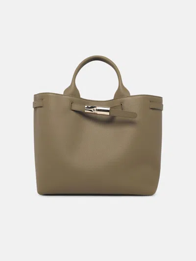 Longchamp Structured Olive Leather Shopping Bag With Adjustable Strap And Bamboo Buckle In Green