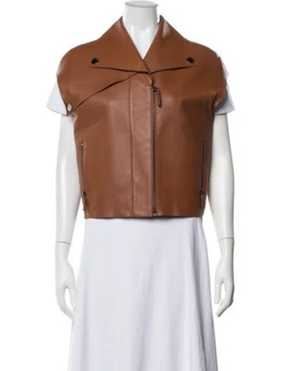 Pre-owned Longchamp Lamb Leather Biker Jacket In Brown