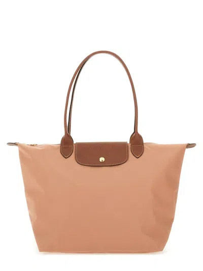 Longchamp Large Brown Polyamide Tote Bag With Leather Accents In Orange