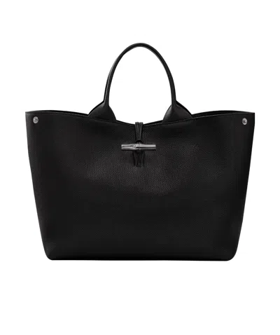 Longchamp Larger Le Roseau Leather Tote In Black