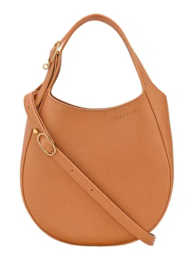 Longchamp Le Foulonné Grained Leather Shoulder Handbag With Adjustable Strap, Logo Lettering, 24x19x In Brown