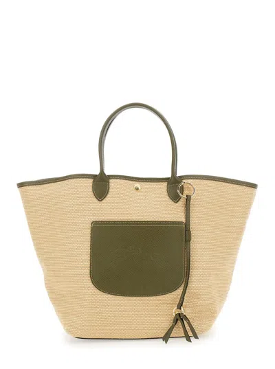 Longchamp Le Panier Pliage L Green Handbag With Logo Embossed On The Front In Mixed Fabric And Leather Woman