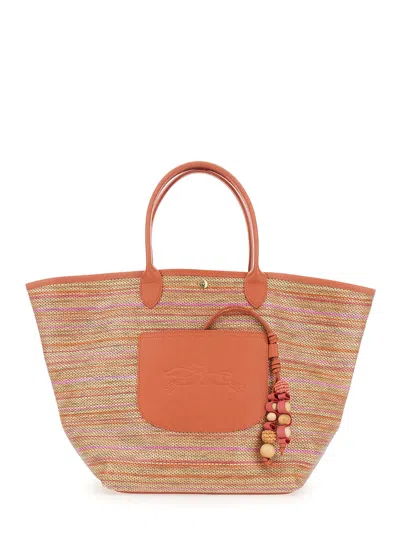 Longchamp Le Panier Pliage Rainbow Orange Shoulder Bag With Charm On The Front And Striped Motif In Leather An