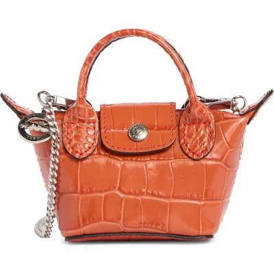Longchamp Le Pilage Cuir Croc Embossed Leather Nano Crossbody Bag In Orange