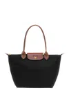 Longchamp Le Pilage Original Black Medium Tote Bag With Two Top Handles And Embossed Logo On The Front In Canv In Black