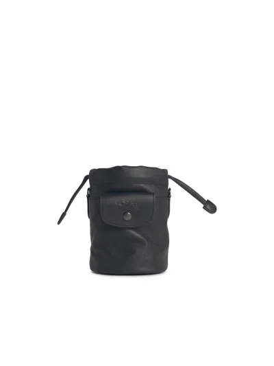 Longchamp 'le Pliage' Black Leather Bucket Bag