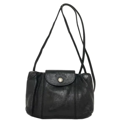 Pre-owned Longchamp Le Pliage Black Leather Shoulder Bag ()