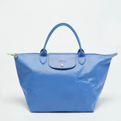 Pre-owned Longchamp Le Pliage Blue Nylon And Leather Tote