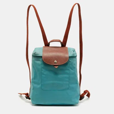 Pre-owned Longchamp Le Pliage Blue/brown Nylon And Leather Backpack