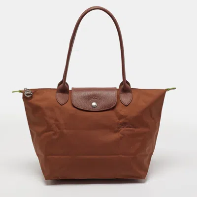 Pre-owned Longchamp Le Pliage Brown Leather And Nylon Tote