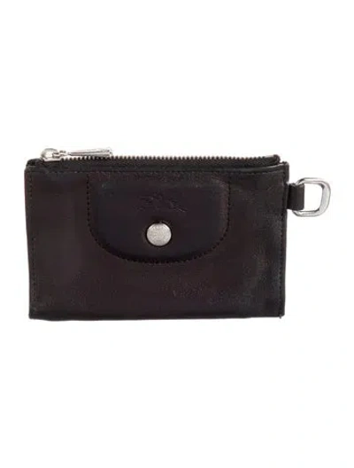 Pre-owned Longchamp Le Pliage Cuir Coin Purse Leather Wallet In Black