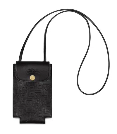 Longchamp Le Pliage Cuir Phone Case With Lanyard In Black