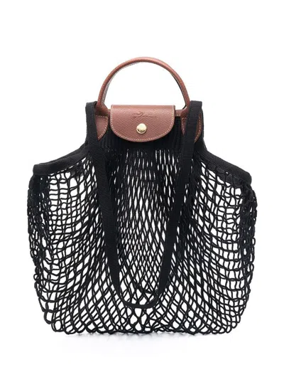 Longchamp 'le Pliage Filet' Black Handbag With Engraved Logo