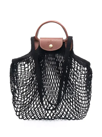 Longchamp 'le Pliage Filet' Black Handbag With Engraved Logo In Mesh Woman