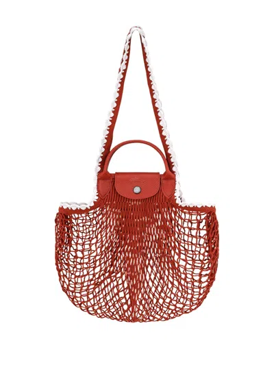 Longchamp `le Pliage Filet Crochet` Large Mesh Bag In Red
