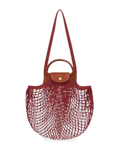 Longchamp Le Pliage Filet' Red Mahogany Handbag With Engraved Logo In Mesh In Burgundy