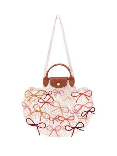 Longchamp `le Pliage Filet Raphia` Large Mesh Bag In Sand